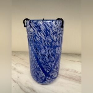 Cobalt Blue And White Vintage Handblown Art Glass Small Vase